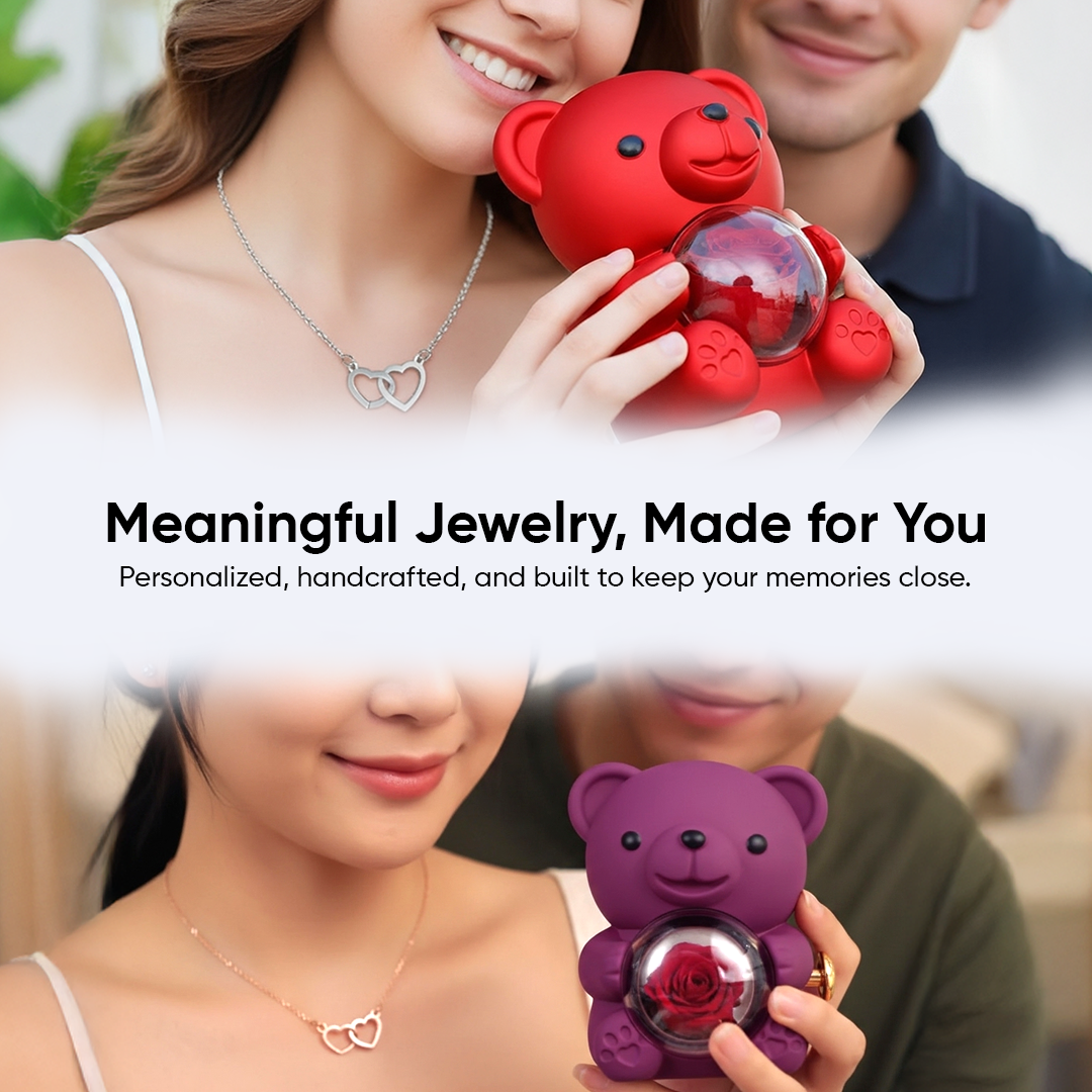 Personalized Heart Necklace With Rotating Rose Bear Giftbox