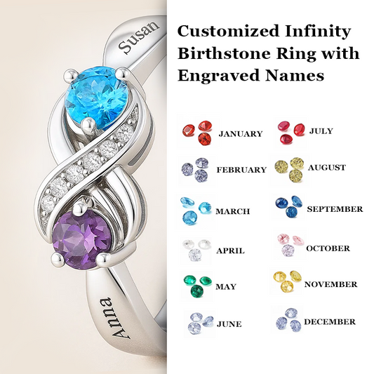 Customized Infinity Birthstone Ring with Engraved Names Personalized Gift for Women Birthday Anniversary Valentine’s Day