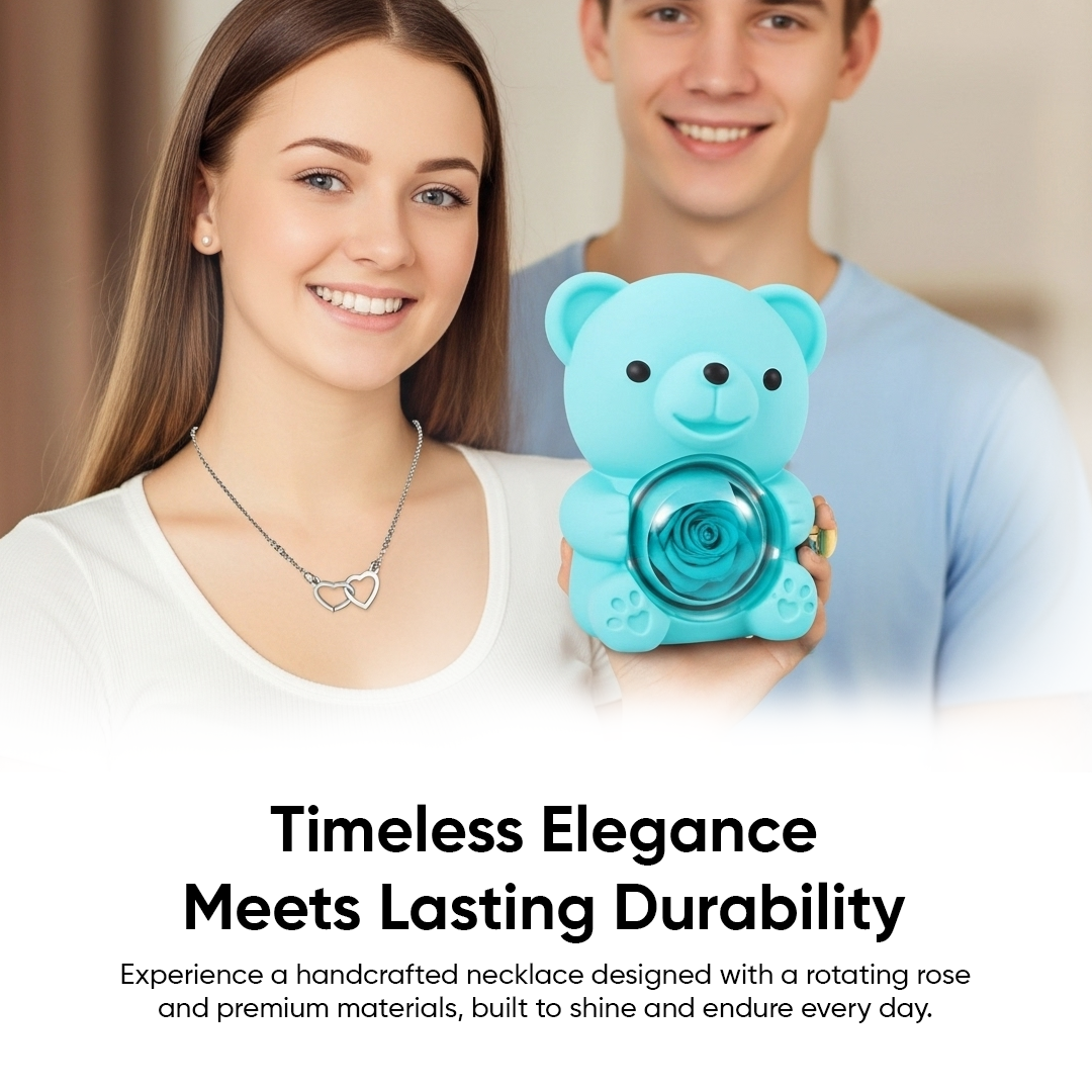 Personalized Heart Necklace With Rotating Rose Bear Giftbox