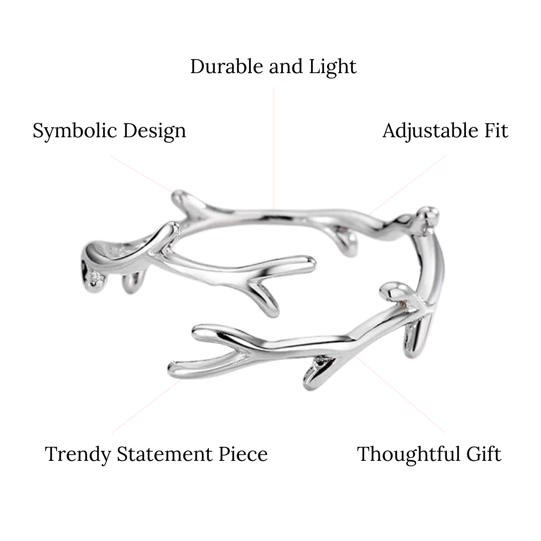 Discover the Willow Strength Adjustable Ring. A Silver Tone Leaf Inspired Design for Everyday Strength